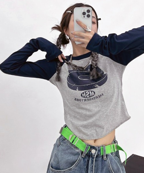 VIBGYOR（ヴィブジョー）の「【EIZZ/アイズ】ヴィンテージ プリント ラグランロンT（Tシャツ/カットソー・レディース・ネイビー/グリーン・FREE）」の9枚目の写真
