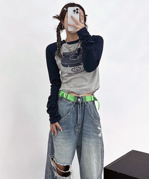 VIBGYOR（ヴィブジョー）の「【EIZZ/アイズ】ヴィンテージ プリント ラグランロンT（Tシャツ/カットソー・レディース・ネイビー/グリーン・FREE）」の10枚目の写真