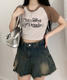 配色デザイン フロントプリント ラグランクロップドTシャツ
