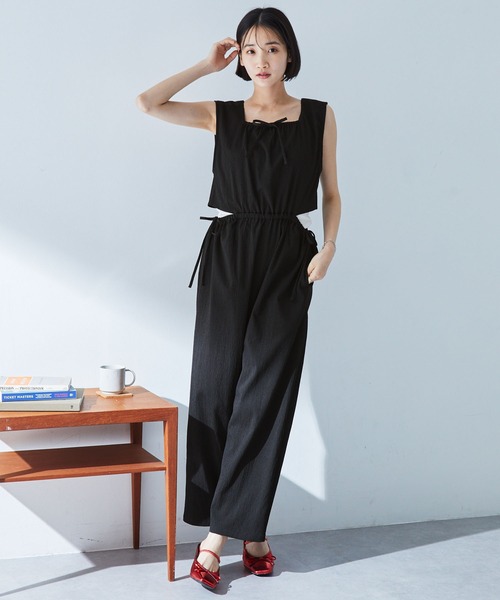 2WAY サイドドロスト リボンギャザーオープンオールインワン/速