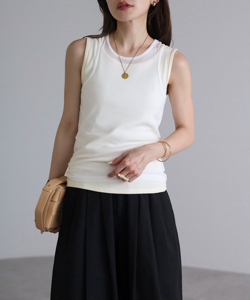 Bonjour Sagan(ボンジュールサガン)の「レイヤードシアータンクトップ(タンクトップ・レディース・ライトベージュ/ホワイト・FREE)」の2枚目の写真