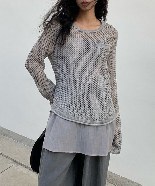 OMMO BUSTER DOCKING KNIT スリムニット トップス グレー OMMO ONLINE STORE / BUSTIER DOCKING BORDER KNIT CD