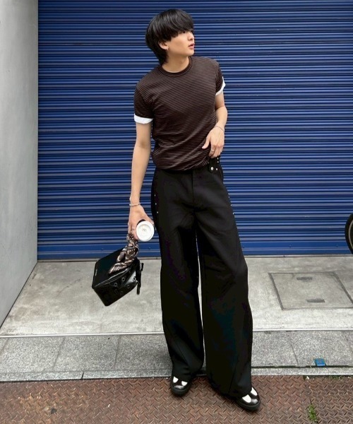 Chikashitsu +（チカシツプラス）の「【Chikashitsu +】tight fit border t-shirt / 【チカシツプラス】タイトフィットボーダー半袖Tシャツ（Tシャツ/カットソー・メンズ・カーキ/ブラック/ブラウン・ONE SIZE）」の12枚目の写真
