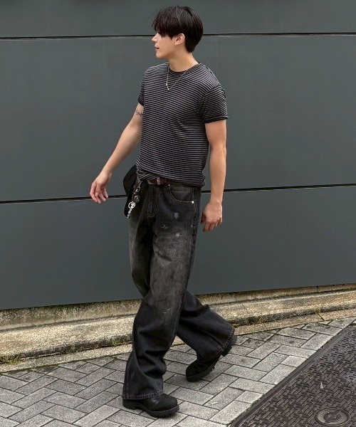 Chikashitsu +(チカシツプラス)の「【Chikashitsu +】tight fit border t-shirt / 【チカシツプラス】タイトフィットボーダー半袖Tシャツ(Tシャツ/カットソー・メンズ・カーキ/ブラック/ブラウン・ONE SIZE)」の22枚目の写真