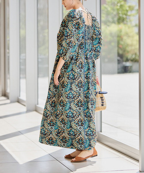 【美品☆】IENA LA BOUCLE リネン ローンオーバー ワンピース セール】IENA LA BOUCLE プリントワンピース（ワンピース