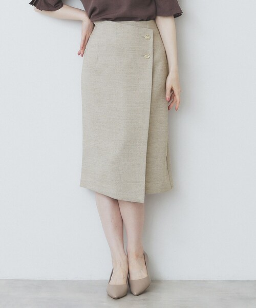 index（インデックス）の「《丈が選べる》麻調ラップタイトスカート【洗濯機洗い可/イージーアイロン】（スカート・レディース・ライトベージュ/ブラウン系その他/ネイビー・42/02/03/36/38/40）」の2枚目の写真