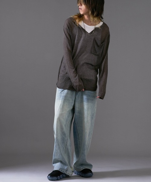 Theater code（シアターコード）の「Cut Neck Sheer Knit/カットネック シアーニット（ニット/セーター・メンズ・ホワイト/チャコール・L/M）」の17枚目の写真