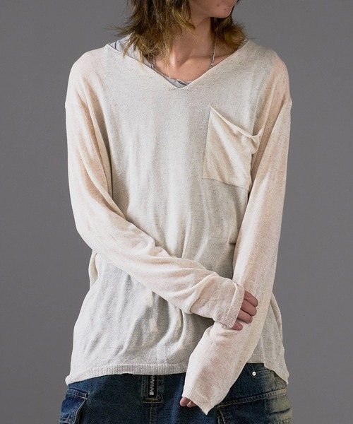 Theater code（シアターコード）の「Cut Neck Sheer Knit/カットネック シアーニット（ニット/セーター・メンズ・ホワイト/チャコール・L/M）」の9枚目の写真