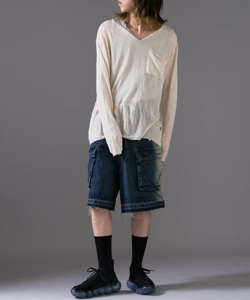Theater code（シアターコード）の「Cut Neck Sheer Knit/カットネック シアーニット（ニット/セーター・メンズ・ホワイト/チャコール・L/M）」の11枚目の写真
