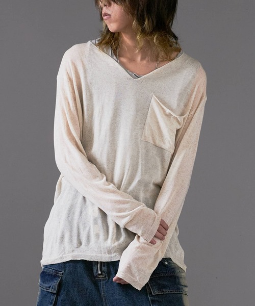 Theater code（シアターコード）の「Cut Neck Sheer Knit/カットネック シアーニット（ニット/セーター・メンズ・ホワイト/チャコール・L/M）」の20枚目の写真