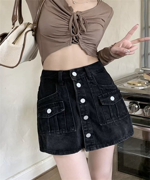 FREE STYLISTS(フリー スタイリスト)の「フロントボタンデニムミニスカート(デニムスカート・レディース・ブラック/ブルー・L/XL/S/M)」の1枚目の写真