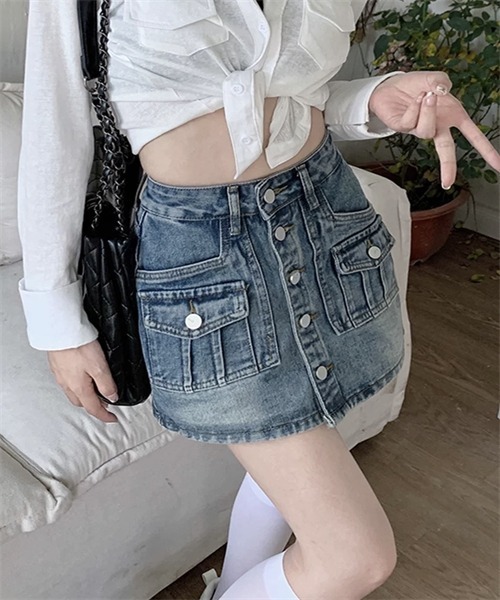 FREE STYLISTS(フリー スタイリスト)の「フロントボタンデニムミニスカート(デニムスカート・レディース・ブラック/ブルー・L/XL/S/M)」の12枚目の写真