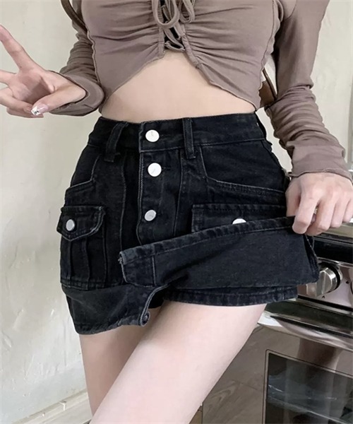 FREE STYLISTS(フリー スタイリスト)の「フロントボタンデニムミニスカート(デニムスカート・レディース・ブラック/ブルー・L/XL/S/M)」の4枚目の写真
