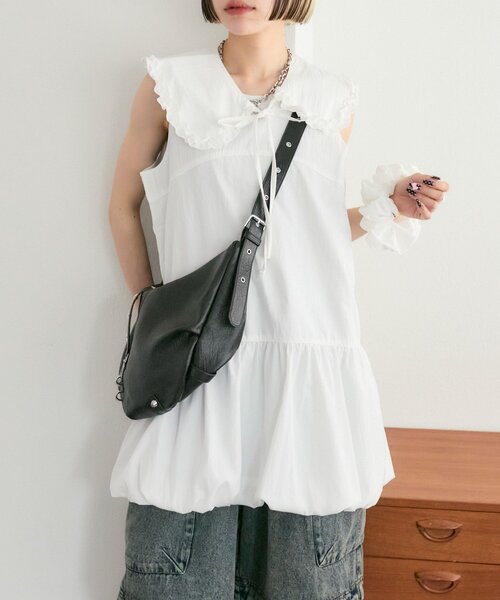 w closet(ダブルクローゼット)の「【25AW】【3点セット/3色展開】シュシュ衿付きバルーンワンピ(ワンピース・レディース・オフホワイト/サックスブルー/ブラック・FREE)」の2枚目の写真