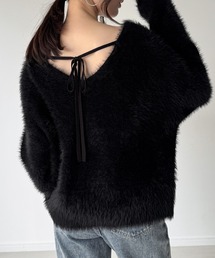 リボン付きブラックニット長袖 ニット/セーター（ブラック/黒色系・リボン）ファッション通販