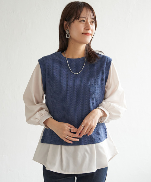 ikka(イッカ)の「【親子コーデ】ケーブル柄レイヤードプルオーバー(Tシャツ/カットソー・レディース・ブラック/ブルー/グリーン/ベージュ・M/L/S)」の4枚目の写真