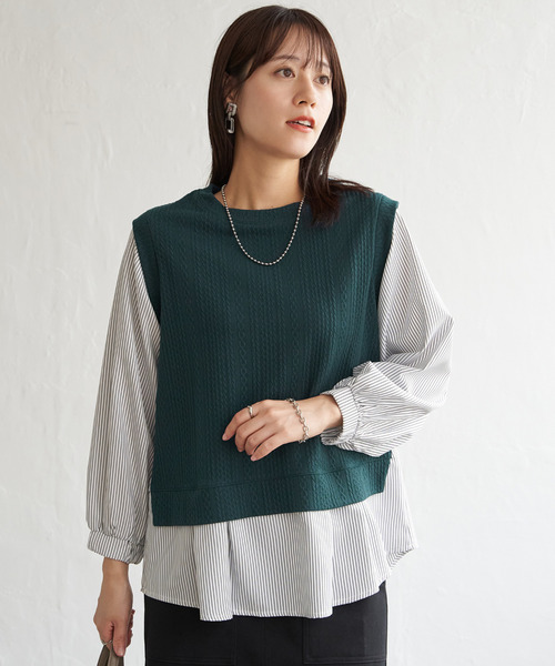 ikka(イッカ)の「【親子コーデ】ケーブル柄レイヤードプルオーバー(Tシャツ/カットソー・レディース・ブラック/ブルー/グリーン/ベージュ・M/L/S)」の3枚目の写真