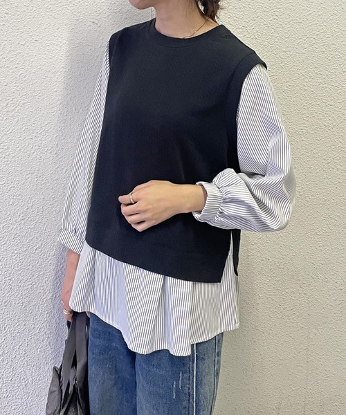 ikka(イッカ)の「【親子コーデ】ケーブル柄レイヤードプルオーバー(Tシャツ/カットソー・レディース・ブラック/ブルー/グリーン/ベージュ・M/L/S)」の1枚目の写真