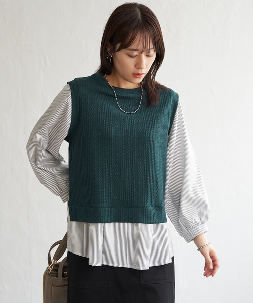 ikka(イッカ)の「【親子コーデ】ケーブル柄レイヤードプルオーバー(Tシャツ/カットソー・レディース・ブラック/ブルー/グリーン/ベージュ・M/L/S)」の11枚目の写真