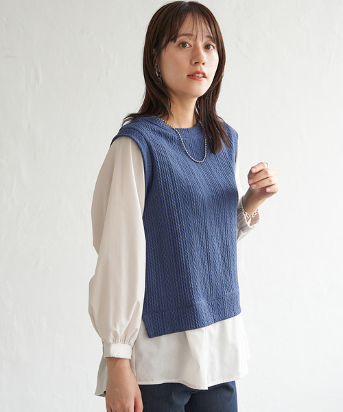 ikka(イッカ)の「【親子コーデ】ケーブル柄レイヤードプルオーバー(Tシャツ/カットソー・レディース・ブラック/ブルー/グリーン/ベージュ・M/L/S)」の14枚目の写真