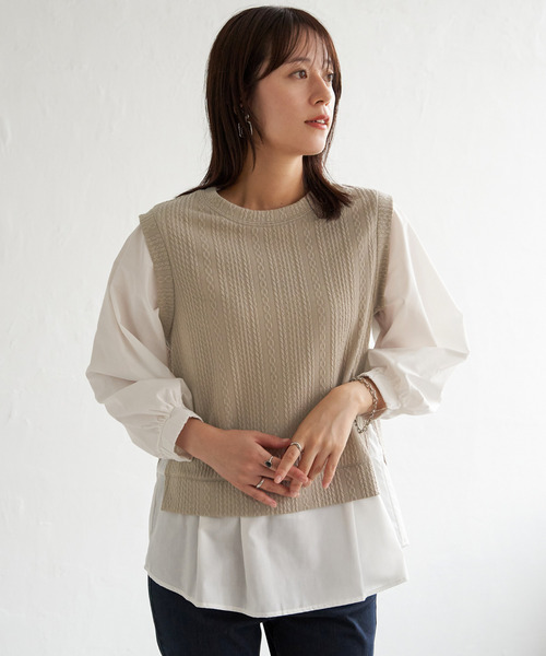 ikka(イッカ)の「【親子コーデ】ケーブル柄レイヤードプルオーバー(Tシャツ/カットソー・レディース・ブラック/ブルー/グリーン/ベージュ・M/L/S)」の5枚目の写真