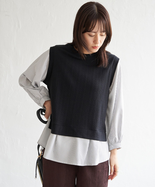 ikka(イッカ)の「【親子コーデ】ケーブル柄レイヤードプルオーバー(Tシャツ/カットソー・レディース・ブラック/ブルー/グリーン/ベージュ・M/L/S)」の8枚目の写真