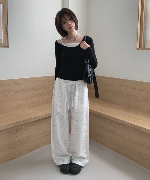 anyonemore（エニワンモア）の「レースラインドット柄ワイドトラックパンツ（その他パンツ・レディース・ブラック/ネイビー/アイボリー・FREE）」の6枚目の写真