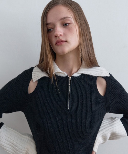 Kijun(キジュン)の「Kijun/キジュン Half Zip-Up Knit Dress リブ編み ウールニットワンピース(ワンピース・レディース・ブラック・S/M)」の1枚目の写真
