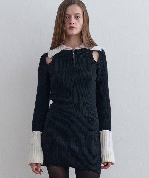 Kijun(キジュン)の「Kijun/キジュン Half Zip-Up Knit Dress リブ編み ウールニットワンピース(ワンピース・レディース・ブラック・S/M)」の8枚目の写真