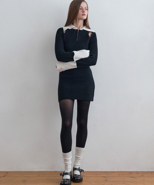 Kijun(キジュン)の「Kijun/キジュン Half Zip-Up Knit Dress リブ編み ウールニットワンピース(ワンピース・レディース・ブラック・S/M)」の5枚目の写真