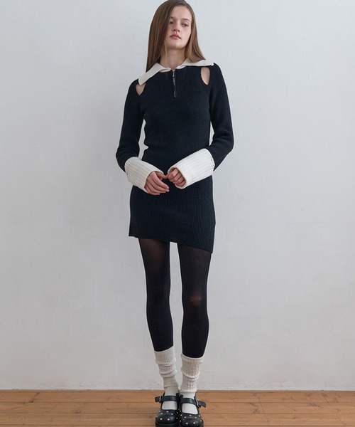 Kijun(キジュン)の「Kijun/キジュン Half Zip-Up Knit Dress リブ編み ウールニットワンピース(ワンピース・レディース・ブラック・S/M)」の4枚目の写真