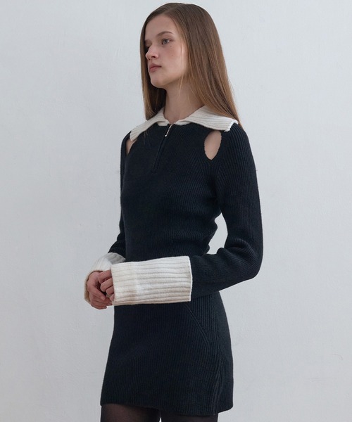Kijun(キジュン)の「Kijun/キジュン Half Zip-Up Knit Dress リブ編み ウールニットワンピース(ワンピース・レディース・ブラック・S/M)」の7枚目の写真