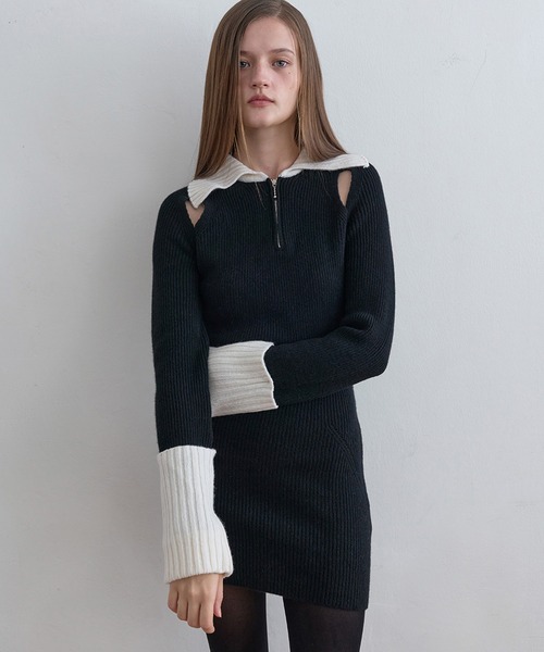 Kijun(キジュン)の「Kijun/キジュン Half Zip-Up Knit Dress リブ編み ウールニットワンピース(ワンピース・レディース・ブラック・S/M)」の11枚目の写真
