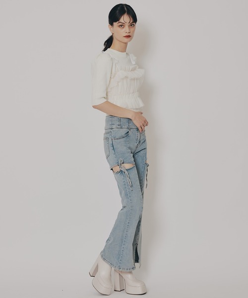 REDYAZEL（レディアゼル）の「カットアウトリボンストレッチデニム（デニムパンツ・レディース・ブルー/ライトグレー・SMALL/MEDIUM）」の3枚目の写真