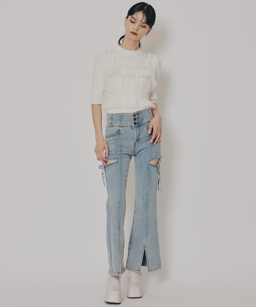 REDYAZEL（レディアゼル）の「カットアウトリボンストレッチデニム（デニムパンツ・レディース・ブルー/ライトグレー・SMALL/MEDIUM）」の7枚目の写真