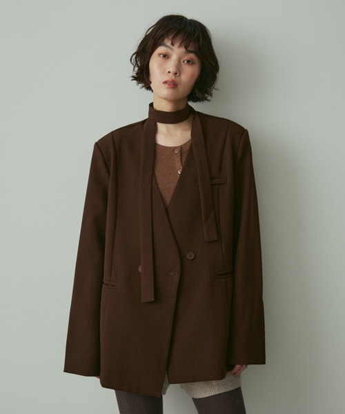 full/fill.(フルフィル)の「ribbon no collar jacket / リボン付きノーカラージャケット(ノーカラージャケット・レディース・グレー/ブラウン・FREE)」の3枚目の写真