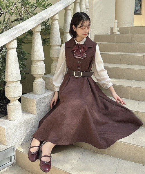 ベルト付きウールライク開衿ジレワンピース（ワンピース）｜an another