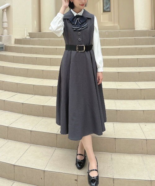 ベルト付きウールライク開衿ジレワンピース（ワンピース）｜an another