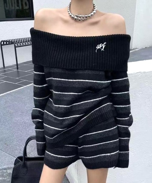 セール】【セットアップ】ワンポイント刺繍ロゴボーダーオフショル