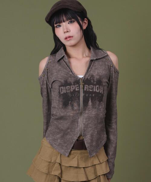 dispark(ディスパーク)の「DISPARK/ショルダーデザインジップトップ(Tシャツ/カットソー・レディース・ブラウン/グレー・FREE)」の2枚目の写真