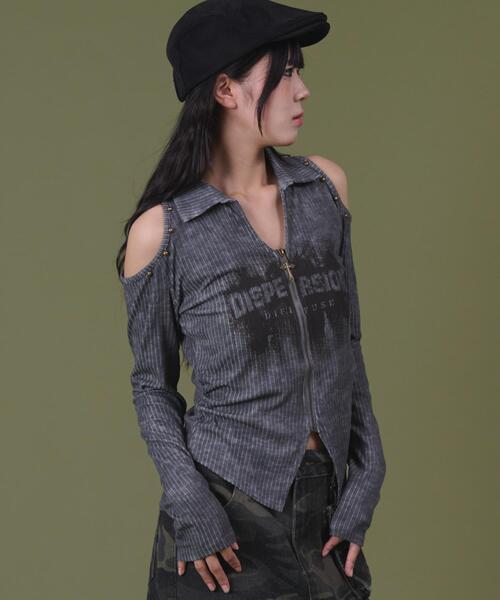dispark(ディスパーク)の「DISPARK/ショルダーデザインジップトップ(Tシャツ/カットソー・レディース・ブラウン/グレー・FREE)」の6枚目の写真
