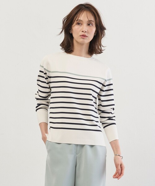 J.PRESS(ジェイプレス)の「Rayon Stretch Border ニット(ニット/セーター・レディース・ネイビー系1/ブルー系1/ブラウン系1・LARGE/MEDIUM)」の1枚目の写真