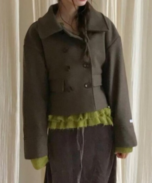 semplice（センプリチェ）の「ダブルブレスクルーネックショートコート（その他アウター・レディース・ブラウン/グレー・F）」の4枚目の写真