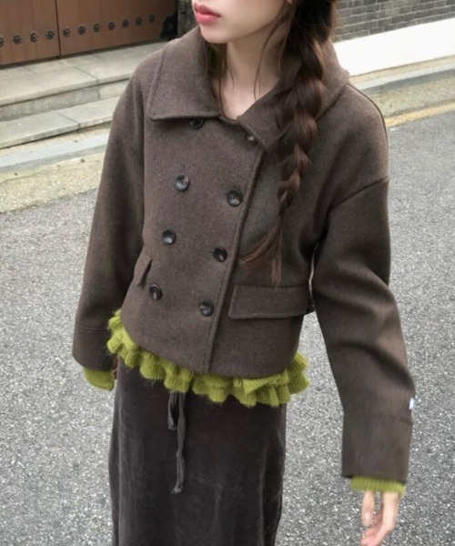 semplice（センプリチェ）の「ダブルブレスクルーネックショートコート（その他アウター・レディース・ブラウン/グレー・F）」の8枚目の写真