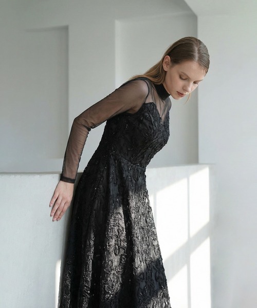 LEJA シアーフラワーレースレイヤードワンピース LEJA】シアーフラワーレースレイヤードワンピースドレス2点セット 美脚