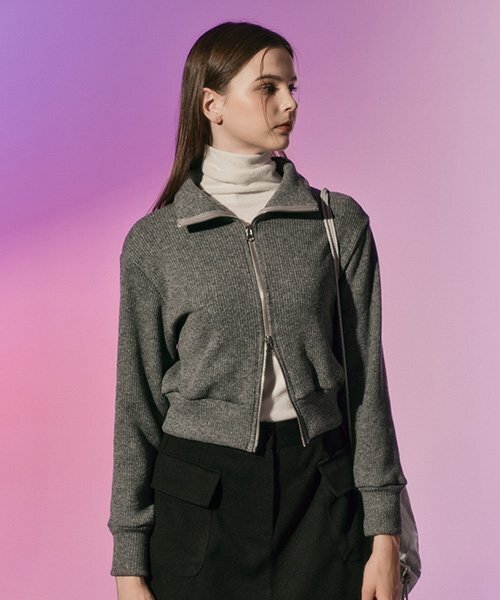 KOLEAT（コレット）の「[ウールver.] レディース クロップニットジップアップカーディガン [グレー] 長袖カラーセーターver.（カーディガン/ボレロ・レディース・その他・FREE）」の2枚目の写真