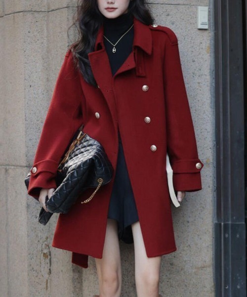 セール】ダブルブレストベルト付きミドルレングスコート（ピーコート