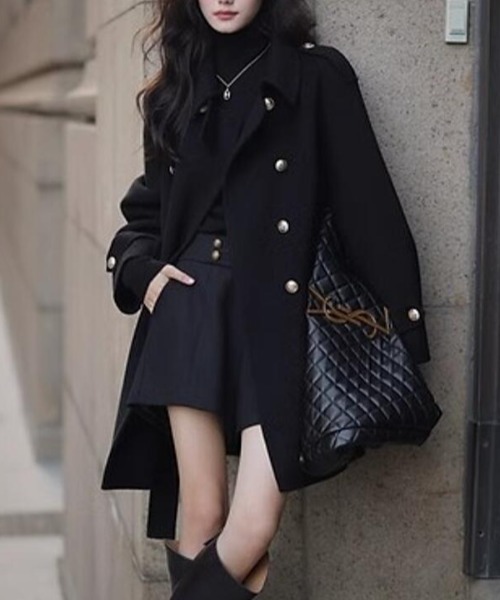 セール】ダブルブレストベルト付きミドルレングスコート（ピーコート