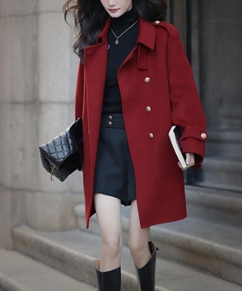 セール】ダブルブレストベルト付きミドルレングスコート（ピーコート