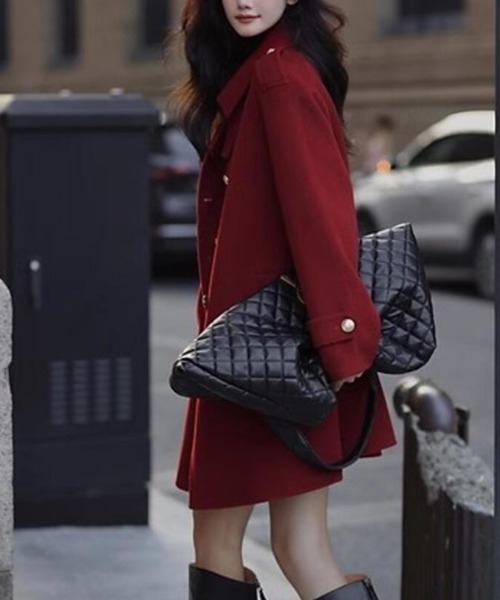 ダブルブレストベルト付きミドルレングスコート（ピーコート